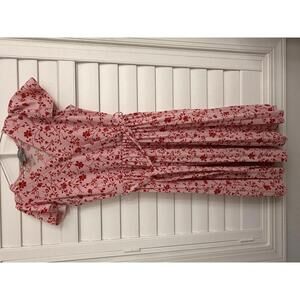 Lark + Grey pink with red floral midi dress with tie waist and pleated skirt